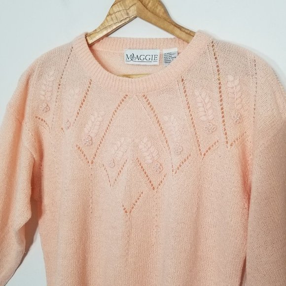 Maggie Jana Soft Peach Coquette Vintage Diamond Knit Granny Sweater Cottagecore - Picture 3 of 8